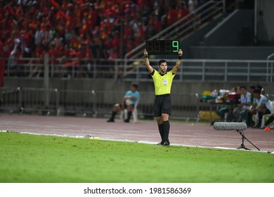 Pathumthani-Thailand-5sep2019:Referee Holding Substitution Board During Match World Cup Qualifiers 2022 Between Thailand Against Vietnam At Thammasat Stadium,thailand