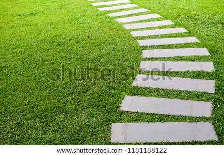 Pathway in the garden outdoor, forward stepping stones or pebbled in the grass lawn. Using for the roadway to success, achievement, leadership, milestone, vision, and mission concept.