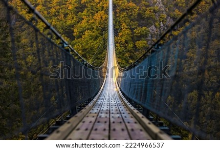 Pathway over river. Hanging bridge pathway over the autumn forest river