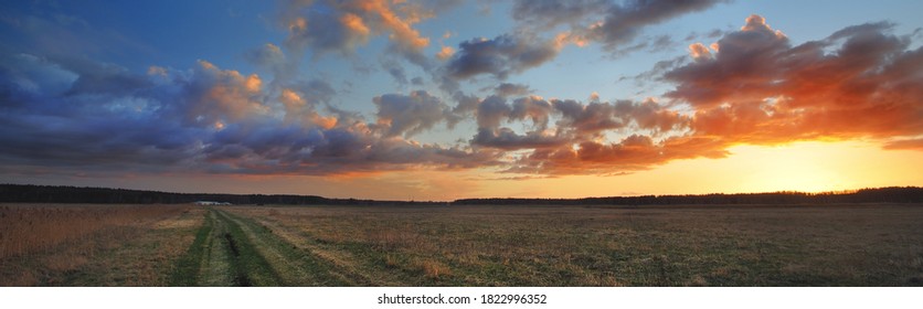 A pathway through the agricultural field under the colorful sunset cumulus clouds after the rain, golden sunlight. Dramatic cloudscape. Idyllic rural landscape. Picturesque panoramic scenery