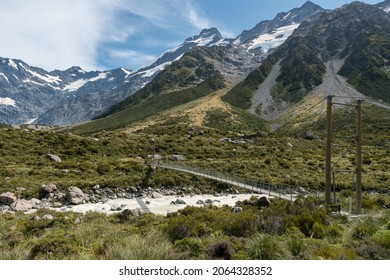 Pathway Through Hooker Valley Track In Aoraki Mt Cook National Park Towards NZ Highest Mountain In The Southern Alps