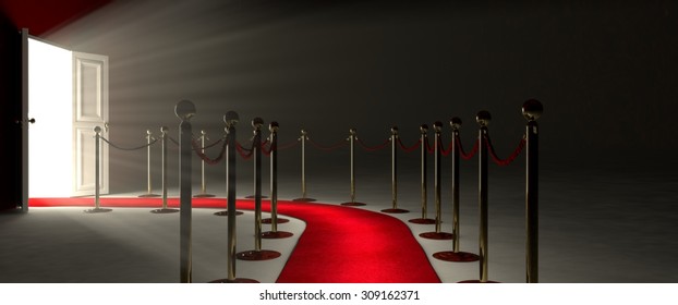 Pathway for triumph is a path delimited by an illuminated red carpet, red velvet rope  barrier and golden supports. The footpath starts in front of you and leads you to a white open door. - Powered by Shutterstock