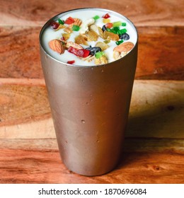 Patiala Lassi Is The Famous Punjabi Drink,This Delicious And Yummy Indian Lassi Patiala Is Made With Fresh Yogurt, Sugar,cardamon, Saffron And Topped With Dry Fruits And Nuts, Selective Focus On Top