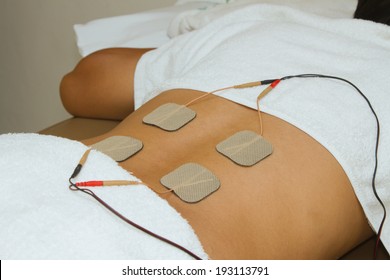 Patient  applying electrical stimulation therapy ( TENS ) on his back