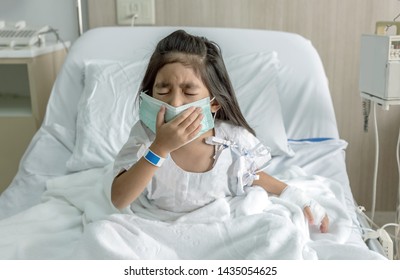 Patient Asian Kid Coughing With Mask On Hospital Bed With Doctor Clinic 