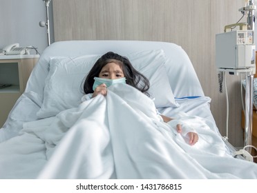 Patient Asian Kid With Mask Have Fever On Hospital Bed With Doctor Clinic