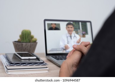 Patient Consulting Doctor Via Laptop Computer At Home Or Office, Telemedicine, E Health. Man Having Video Chat With Friendly Doctor, Medical Online Concept