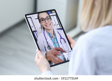 Patient Consults With Doctor Via Video Call On Tablet. Online Medical Consultation Concept