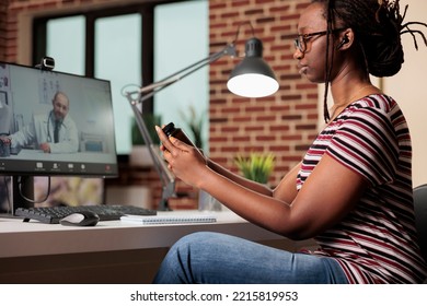 Patient Discussing Prescripted Medicaments With Doctor On Video Call, Woman Talking With Therapist Online, Holding Pills Bottle. Telemedicine, Remote General Practitioner Appointment