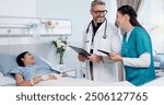 Patient, doctors, and tablet in hospital, teamwork and help with joke, laughing and connection. Clinic, nurse or medical with professional, tech or internet with humor, healthcare or treatment result