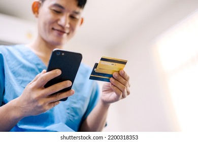 Patient Is Doing Financial Transactions By Smartphone And Credit Card Mockup. ,Convenience Concept Of Payment With Technology