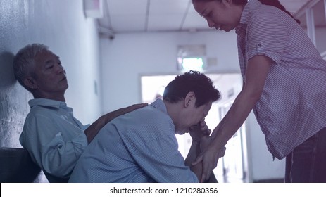 Patient Family Waiting For Doctor In Hospital Sad And Stress