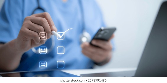 Patient feedback evaluation visualized through smart healthcare technology. Professional tools for satisfaction surveys and diagnostics. Suitable for medical, healthcare and feedback-related concepts