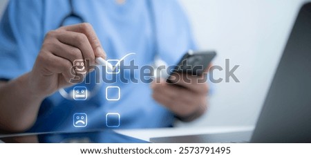 Patient feedback evaluation visualized through smart healthcare technology. Professional tools for satisfaction surveys and diagnostics. Suitable for medical, healthcare and feedback-related concepts