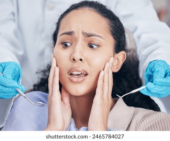 Patient, girl and scared with portrait for dental checkup or procedure, anxiety and nervous for tooth distraction. Client, woman and fear with dentist for teeth whitening or phobia, mouth and clinic. - Powered by Shutterstock