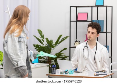 The Patient Gives The Medical Records To Her Primary Care Physician. Doctor's Office