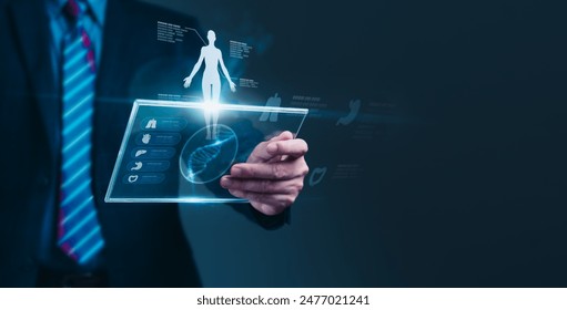 Patient interacts with digital healthcare platform on tablet, visualizing their body. Technology personalizes healthcare experiences. - Powered by Shutterstock