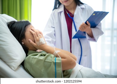 Patient Lady Sad And Cry In Patient Room In Hospital With Her Doctor