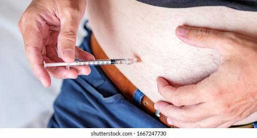 Patient Make A Subcutaneous Injection By Single Use Syringe With Needle Into Abdomen By Doctor Prescription