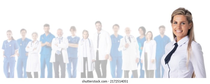 Patient And Medical Team, Bright Background For Design, Copy Space For Text