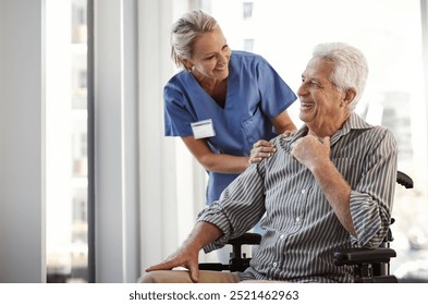 Patient, nurse and woman with wheelchair, consulting and conversation with healthcare, recovery and service. Senior man, professional and person with disability, rehabilitation and support with joke - Powered by Shutterstock