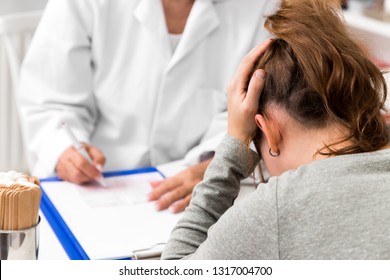 Patient On A Doctor ´s Office With Depression, Burnout Or Headache, Doctor´s Certificate