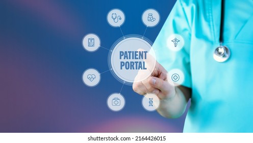 Patient Portal. Doctor Points To Digital Medical Interface. Text Surrounded By Icons, Arranged In A Circle.