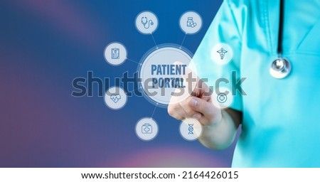 Patient Portal. Doctor points to digital medical interface. Text surrounded by icons, arranged in a circle.