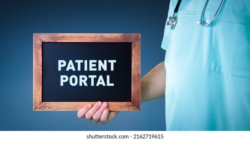 Patient Portal. Doctor Shows Sign (board) With Wooden Frame. Background Blue