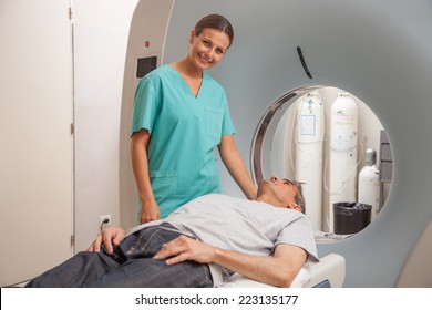 Patient Undergoing MRI At Open Scanner Machine.