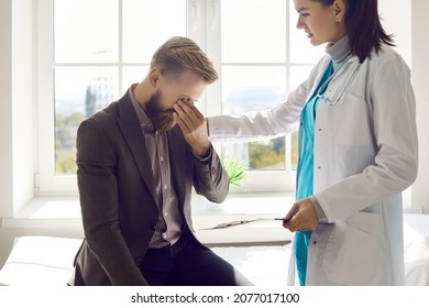 Patient Visits Doctor At Hospital, Gets Bad News And Loses Hope. Devastated Terrified Adult Man Crying After Learning Of Treatment Failure Or Incurable Oncological Disease Of Family Member Or Relative