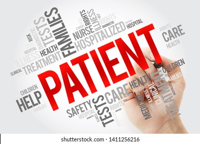 Patient word cloud collage with marker, health concept background