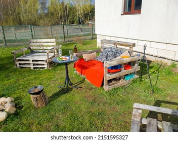 Patio Area Near The House With Hand Made Furniture And A Table. 28 April 2022, Minsk, Belarus