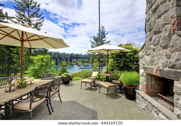 Patio Area Stone Fireplace Concrete Floor Royalty Free Stock Image