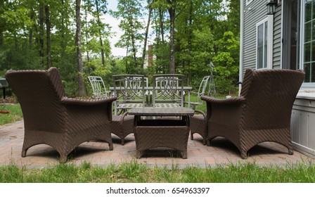 Patio Furniture Set Up For Lounging And Relaxing In The Summer. Back Yard Patio Scene