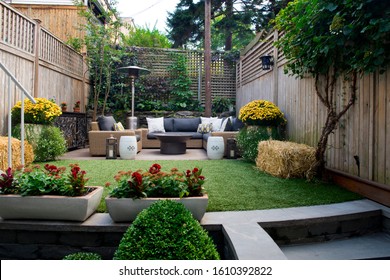 Patio. Garden. Urban, Neutral, Outdoor Living Space. Exterior Photo. Outdoor Living Room With Couch, Comfy Cushions, Throw Pillows, Love Seat, Chairs And Coffee Table. Backyard With Greenery, Plants.