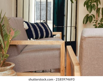 Patio. Garden. Urban, Neutral, Outdoor Living Space. Exterior Photo. Outdoor Living Room With Couch, Comfy Cushions, Throw Pillows, Love Seat, Chairs And Coffee Table. Backyard With Greenery, Plants.