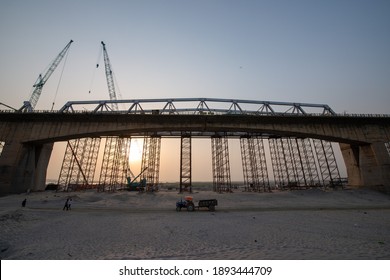 Patna, Bihar, India, 15 April 2019: On Going Reconstruction Work Of  Mahatma Gandhi Setu Bridge Over The River Ganga.  