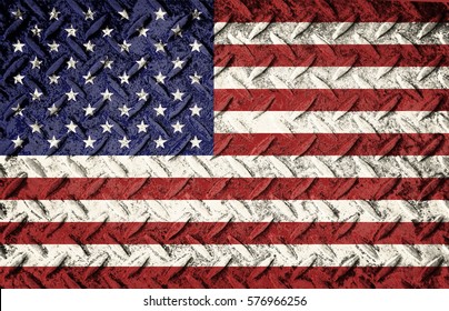 Patriotic American Flag With Red White And Blue Colors Over Steel Diamond Metal Plate. Rough Worn Surface With Dirt And Grit.