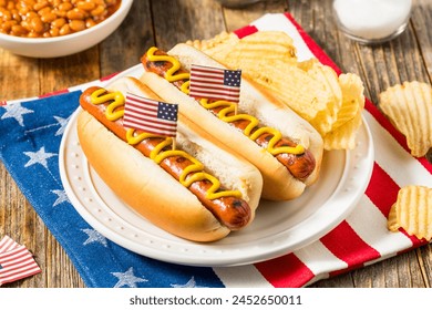 Patriotic American Memorial Day Hot Dogs with Potato Chips - Powered by Shutterstock