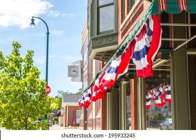 Patriotic  Bunting On A Business In A Small Town, Shallow Depth 