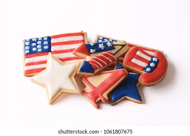 Patriotic Cookies For 4th Of July. Independence Day Concept. Isolated White Background