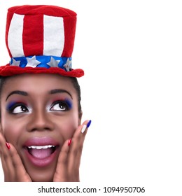 Patriotic Excited African American Black Woman Wearing Red White And Blue Nail Polish Girl Make Up And Hat For July 4th Or 4, Memorial, President, Labor Day, Vote, Independence Or Sale With Copy Space