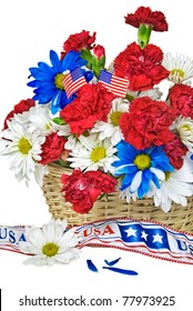 patriotic floral basket with ribbon on white background