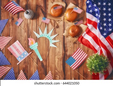 Patriotic Holiday. USA Are Celebrate 4th Of July. Top View With American Flag On The Table.