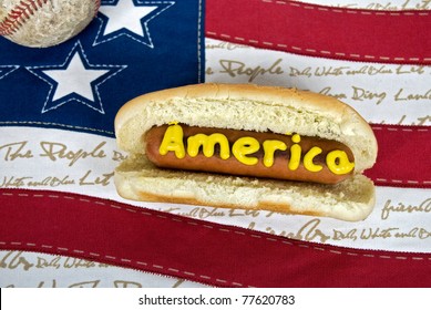 Patriotic Hot Dog On Flag With Baseball