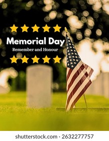 Escena patriótica del Día de la Memoria en honor a los héroes caídos con banderas estadounidenses: un día solemne de recuerdo y orgullo nacional en Estados Unidos.