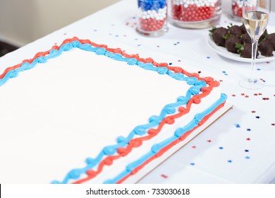 Patriotic Red, White And Blue Cake With Champagne On A Table At An Election Campaign Party With Sprinkled Confetti And Candy In Jars