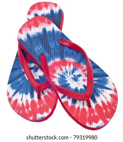 Patriotic Red, White And Blue Tie Dye Flip Flop Sandals Isolated On White With A Clipping Path.