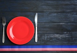 Patriotic Table Setting With Traditional USA Colors On Wooden Background, Flat Lay. Space For Text